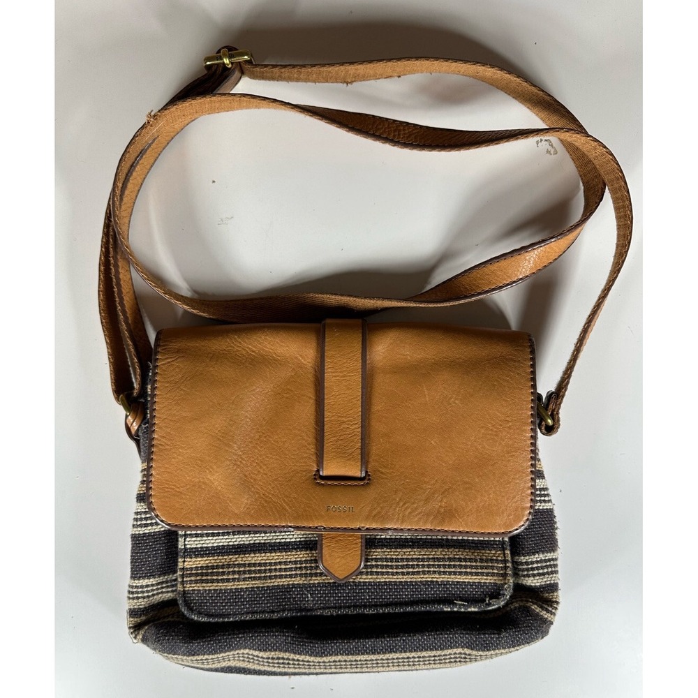 Fossil "Kinley" Small Striped Textile Leather Crossbody Bag Purse